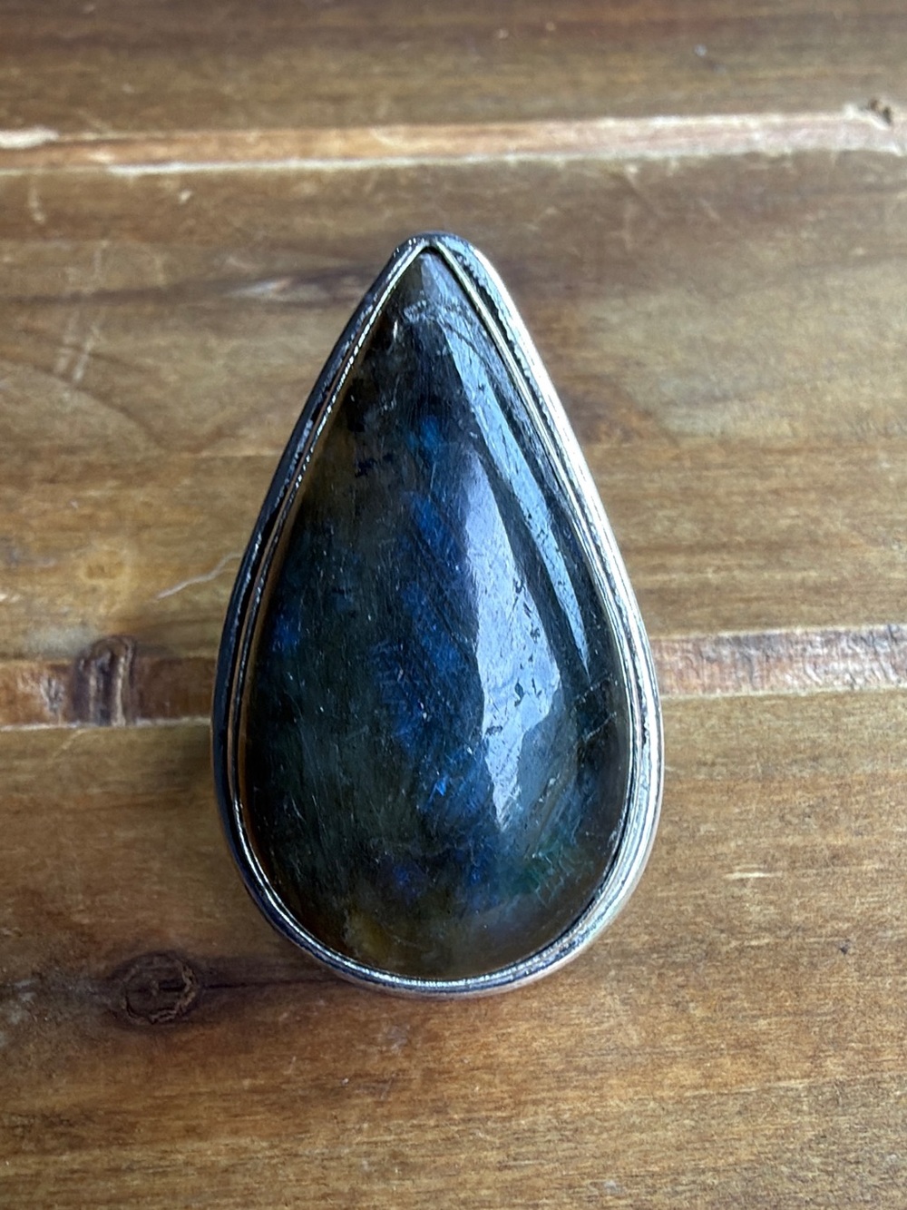 Vintage Boho Labradorite Teardrop Statement Ring - Silver Setting - Blue/Green
